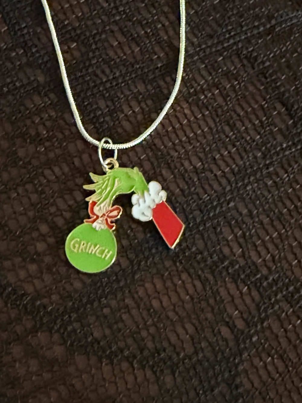 Green Grinch Charm Necklace with Red Stocking Pendant